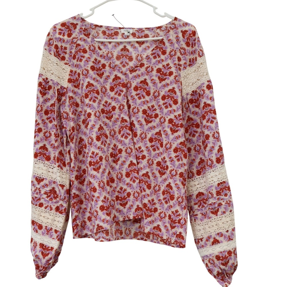 Eze Sur Mer Pink Floral Crochet Lace BalloonSleeve V-Neck Cotton Women Blouse S - Picture 3 of 10